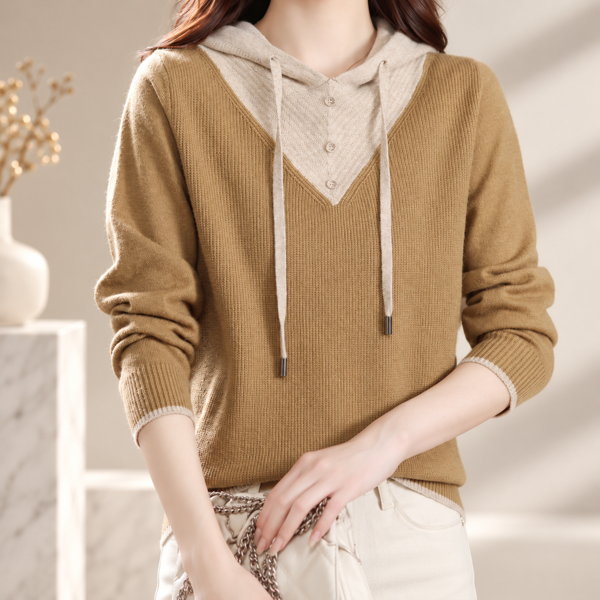 Genevieve Colorblock Hooded Knit Sweater with Button Detail