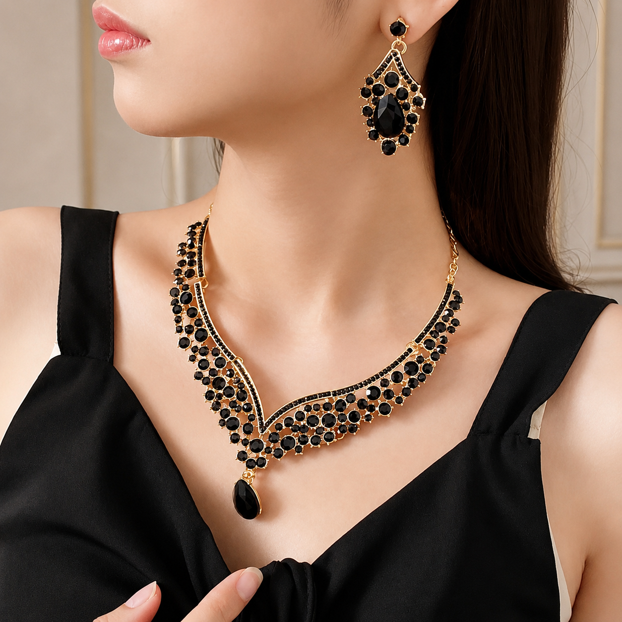 Delaney Black Crystal Statement Necklace and Earrings