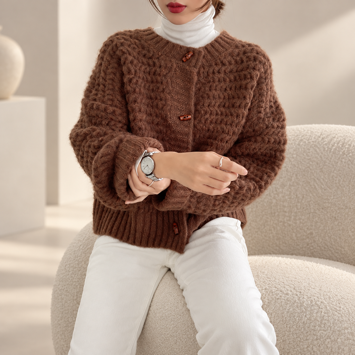 Lucienne Women’s Textured Knit Cardigan – Button Front Long Sleeve Sweater