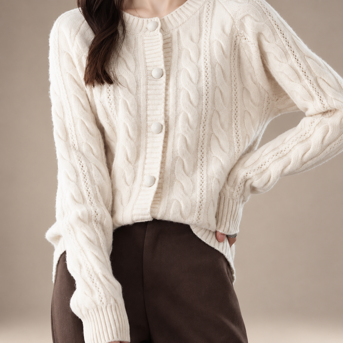 Marianne Cable Knit Button Cardigan – Women’s Crew Neck Long Sleeve Sweater
