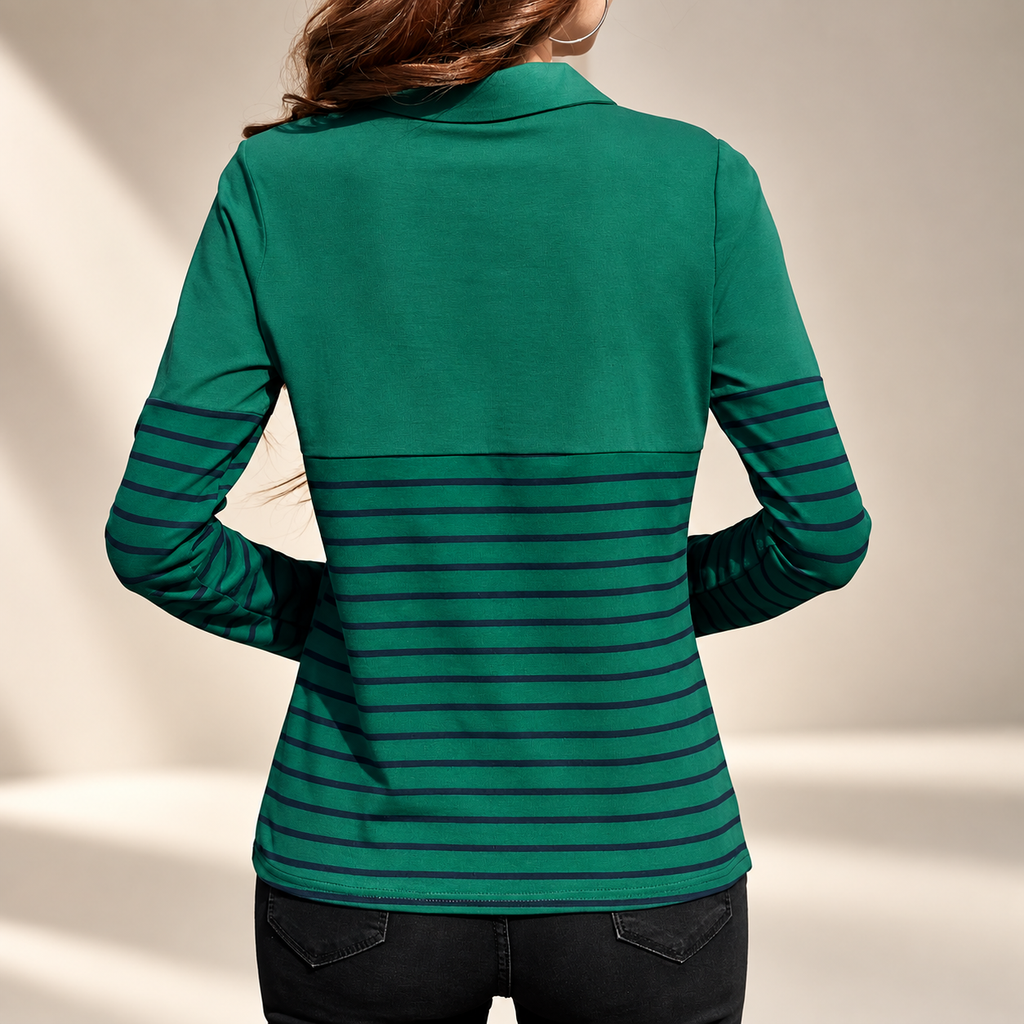 Audrey Striped Polo Long Sleeve Top – Collared Casual Shirt