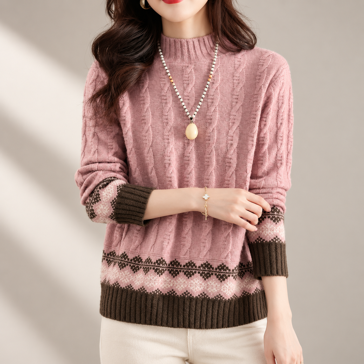 Adeline Fair Isle Cable Knit Mock Neck Sweater