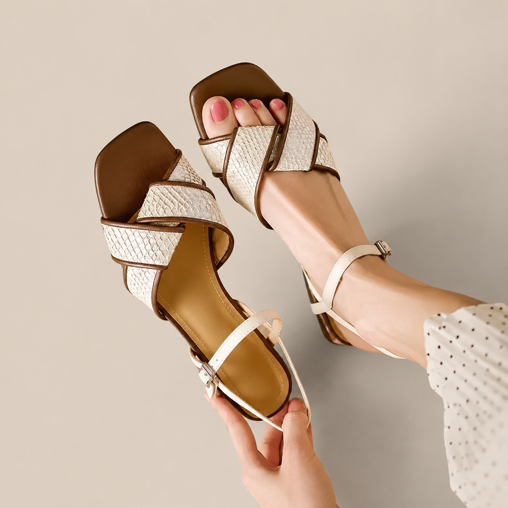 Ariana's Shimmer Crisscross Square Toe Block Heel Sandals