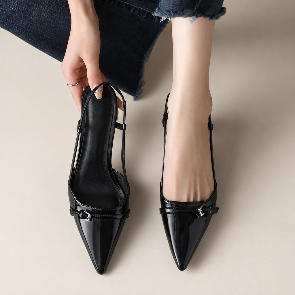 Aubrey's Pointed Toe Slingback Low Heel Pumps with Buckle Detail