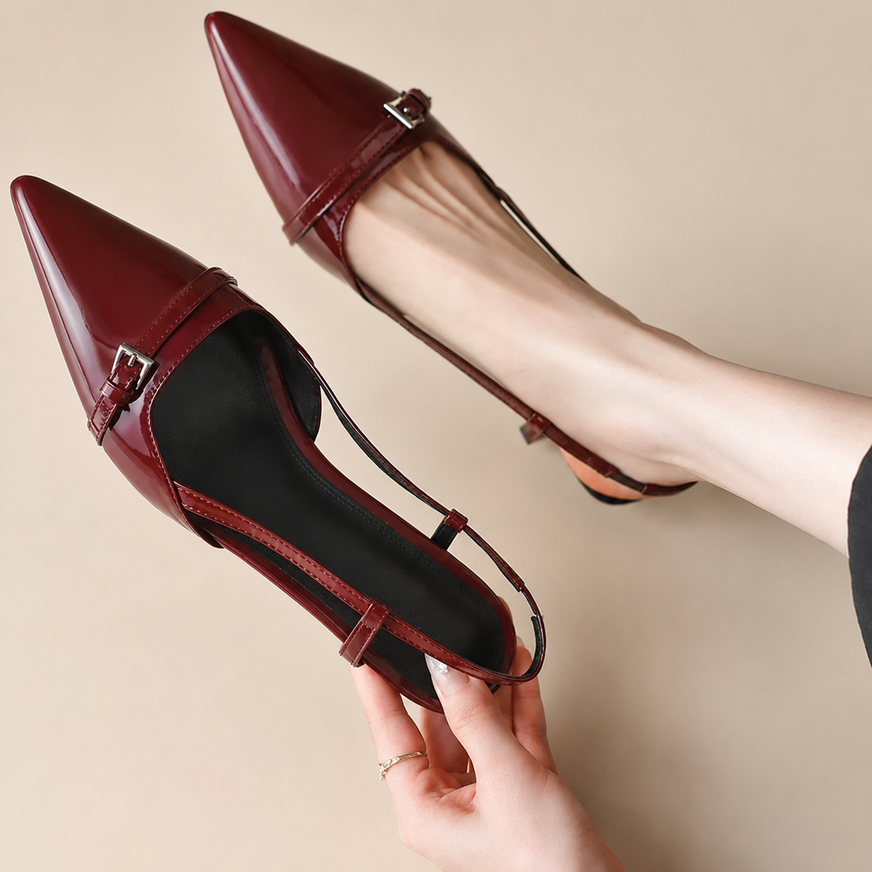 Aubrey's Pointed Toe Slingback Low Heel Pumps with Buckle Detail