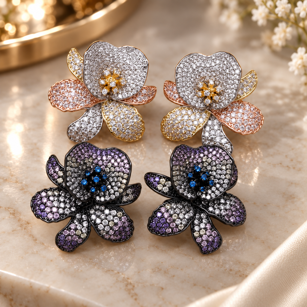 Rosalie Crystal Orchid Stud Earrings – Multicolor Floral Statement Earrings