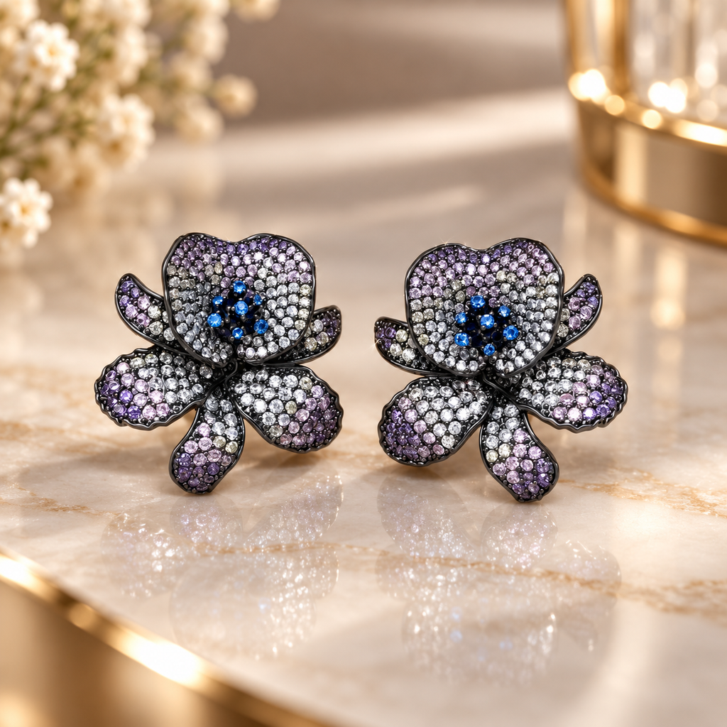 Rosalie Crystal Orchid Stud Earrings – Multicolor Floral Statement Earrings