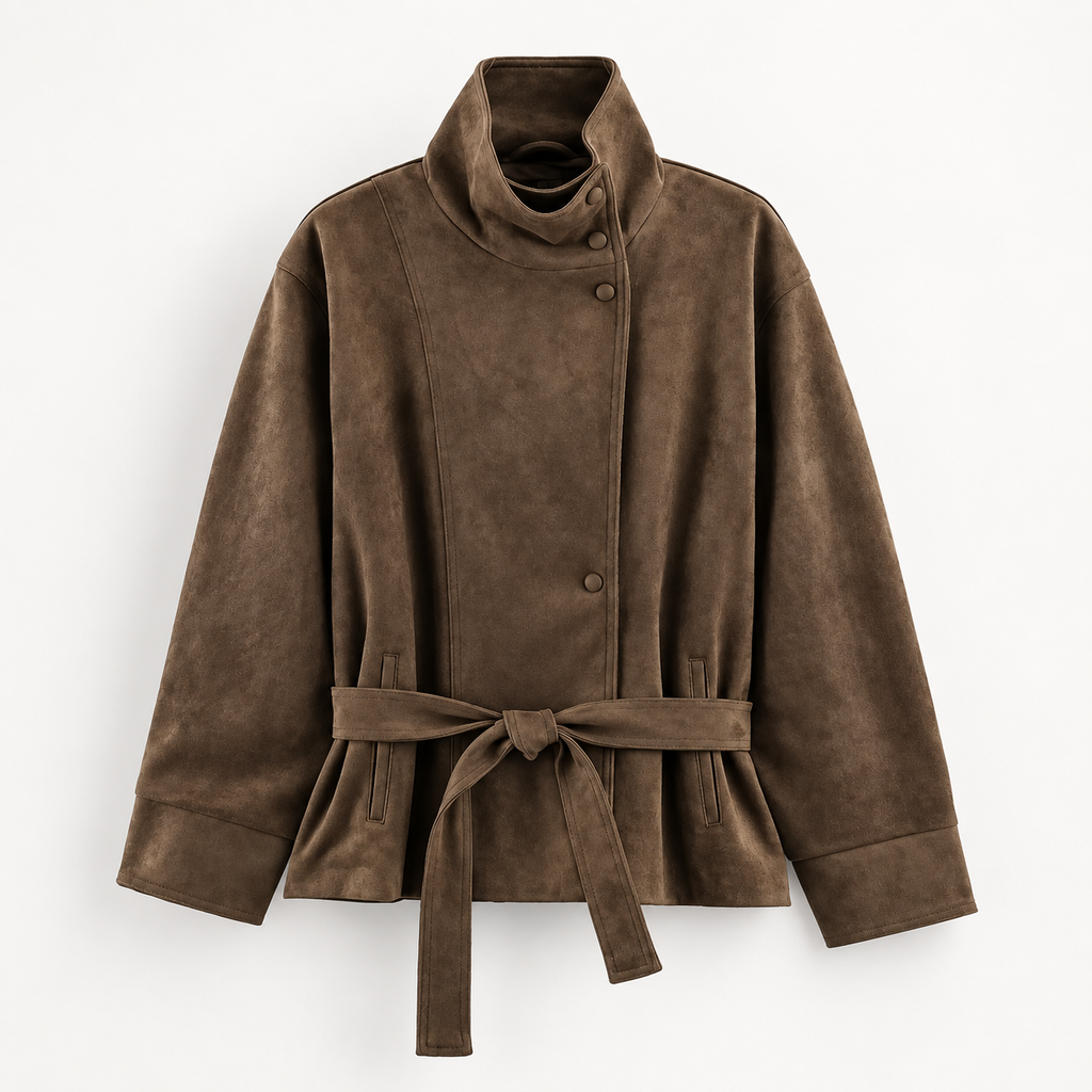 Lucienne Belted Suede-Look Jacket – High Neck Women’s Short Coat