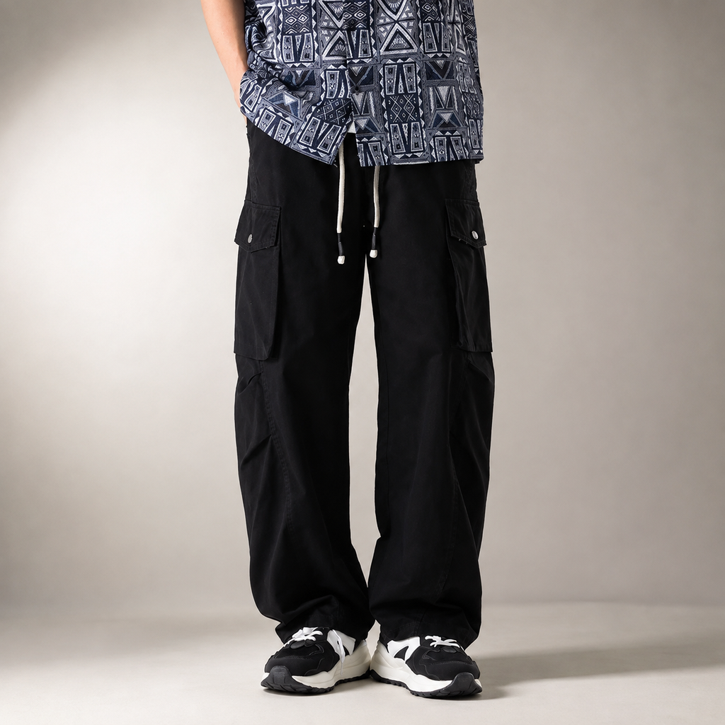 Declan Men’s Wide-Leg Cargo Pants – Drawstring Utility Trousers with Flap Pockets