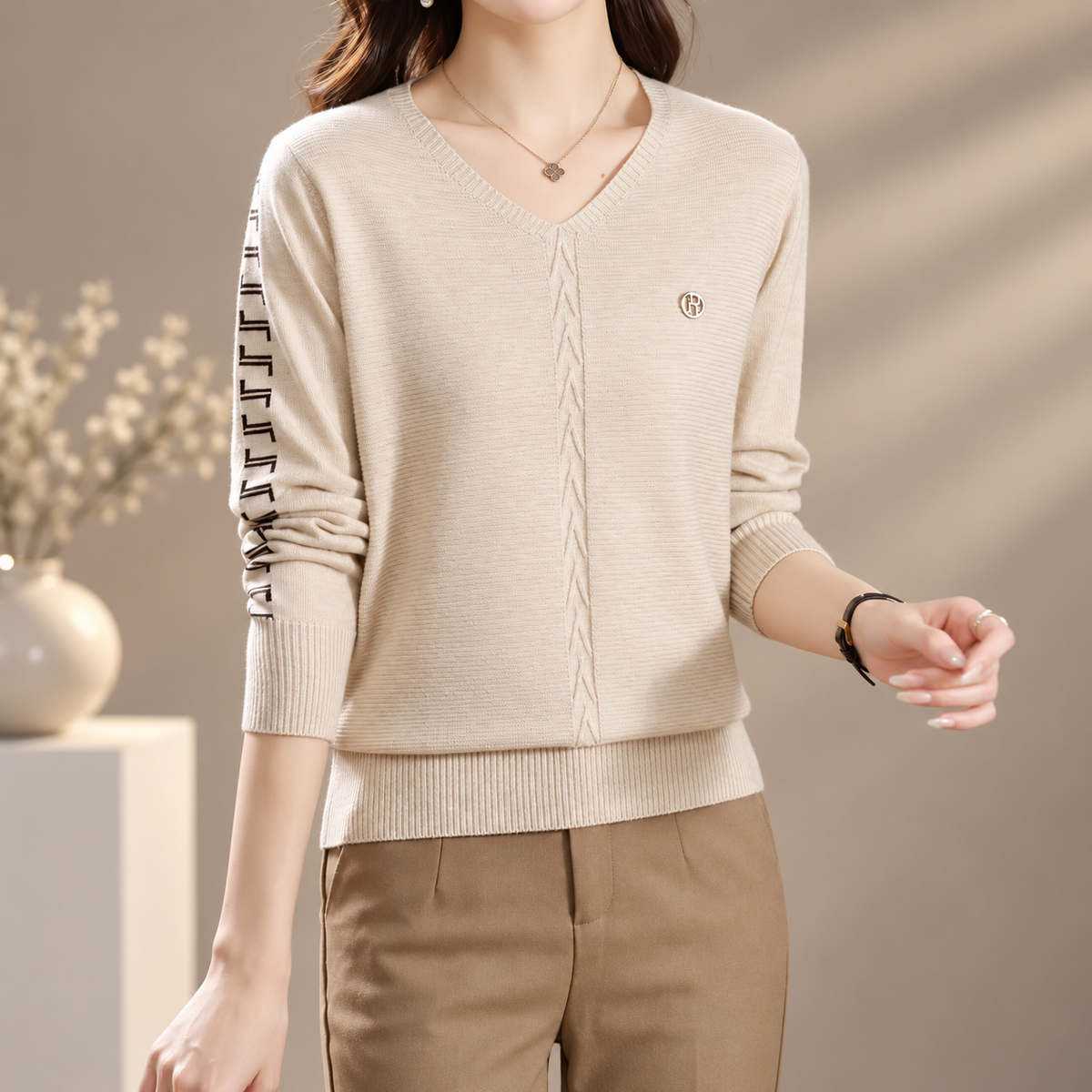 Renata Women’s V-Neck Knit Sweater – Long Sleeve Textured Pullover