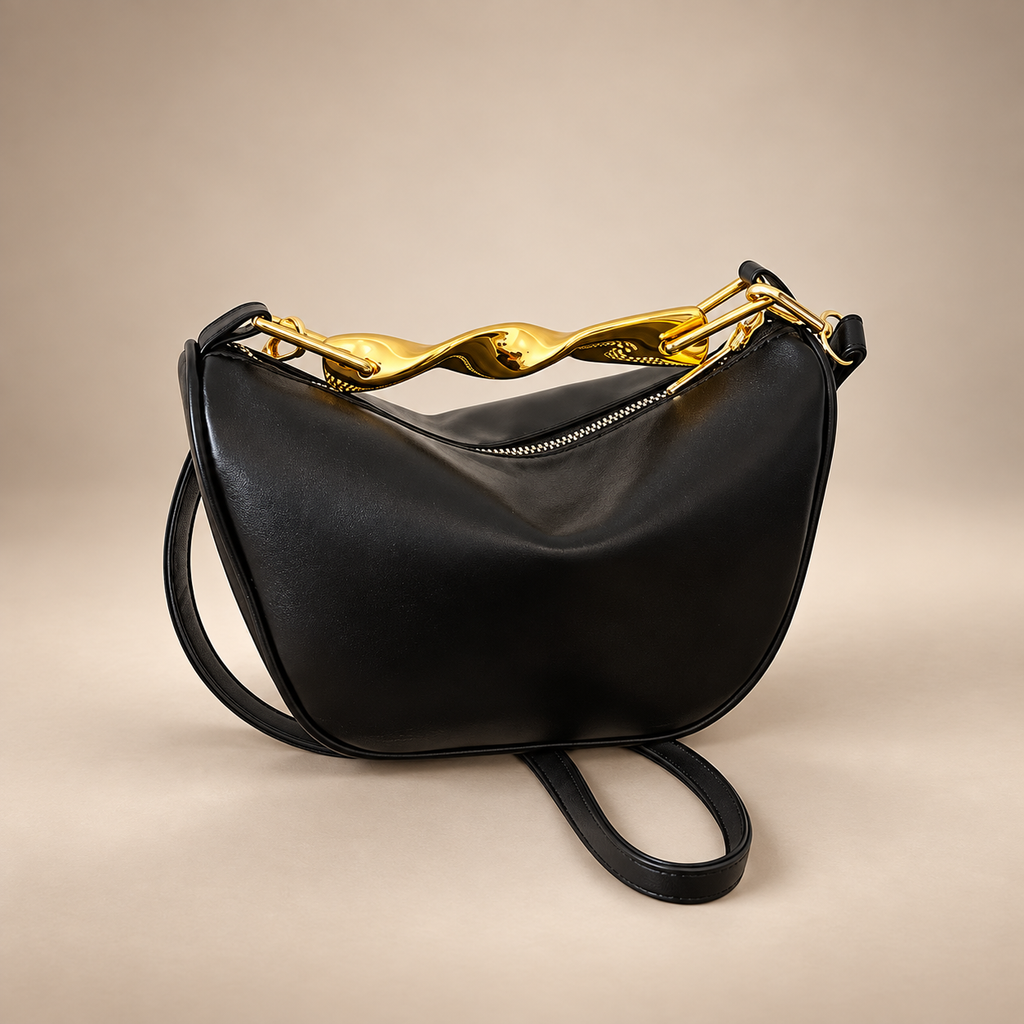Genevieve Crescent Shoulder Bag – Sculpted Gold-Tone Handle Crossbody Handbag