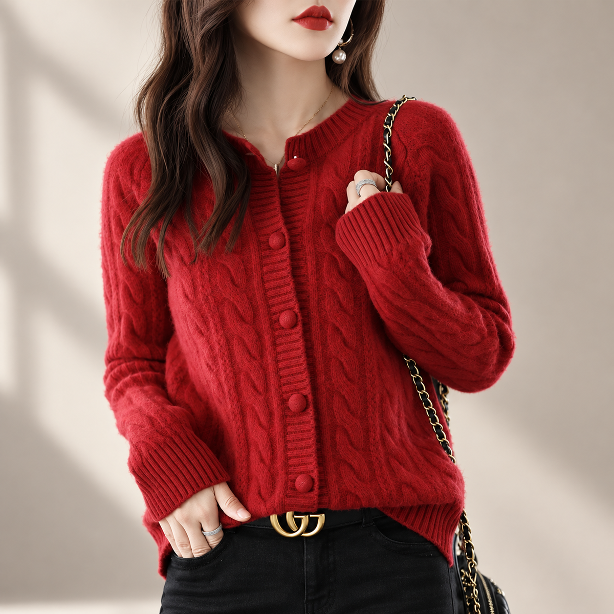 Marianne Cable Knit Button Cardigan – Women’s Crew Neck Long Sleeve Sweater