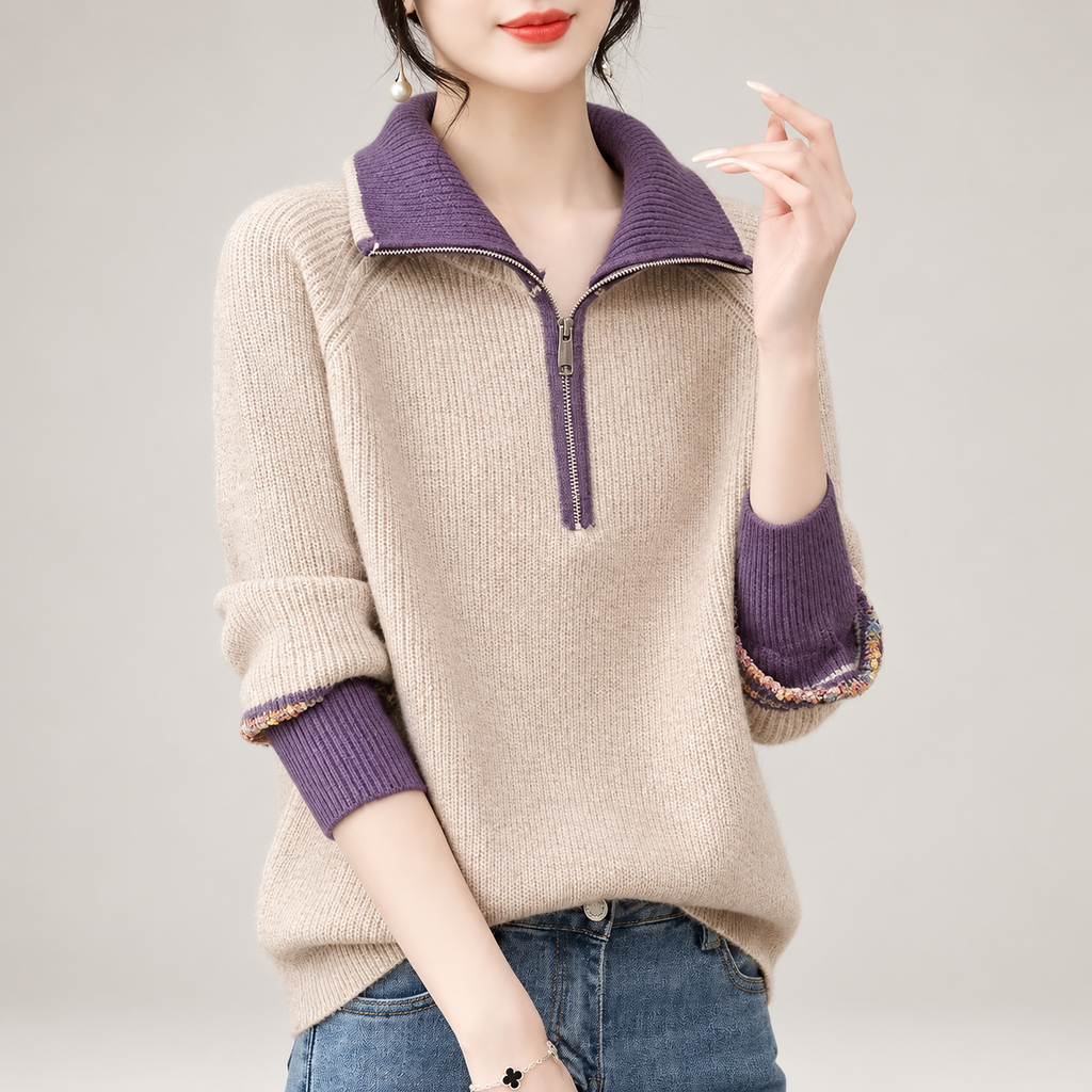 Margot Women's Colorblock Half-Zip Knit Sweater with Ribbed Collar