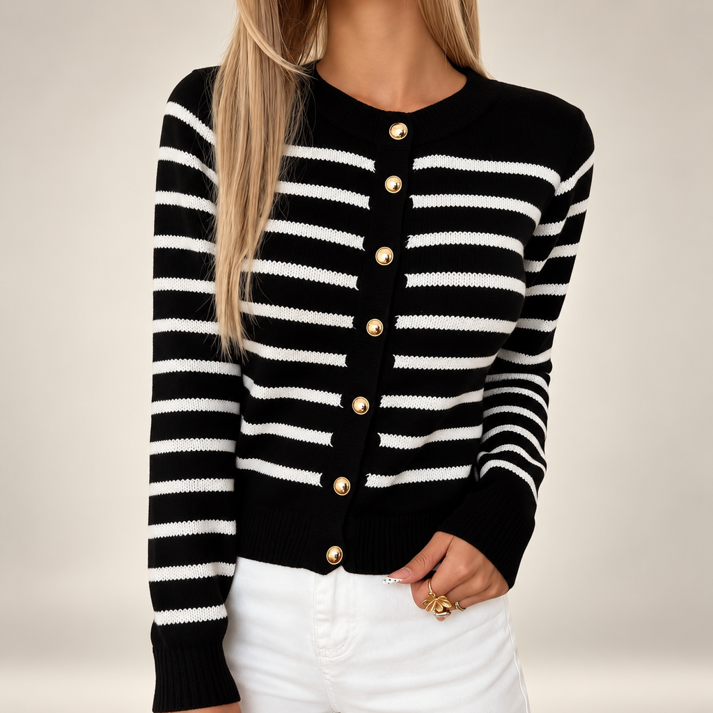 Gianna Striped Button Front Knit Cardigan – Gold Button Crew Neck Sweater
