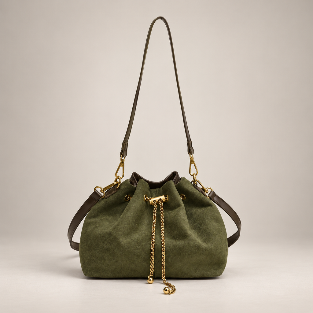 Sofia Women’s Suede-Look Drawstring Bucket Bag – Chain Detail Shoulder & Crossbody Handbag