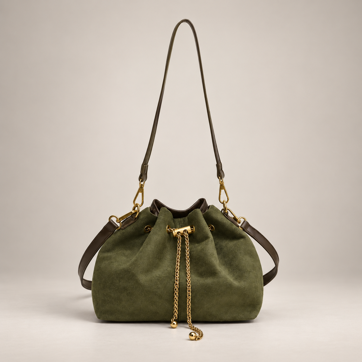 Sofia Women’s Suede-Look Drawstring Bucket Bag – Chain Detail Shoulder & Crossbody Handbag