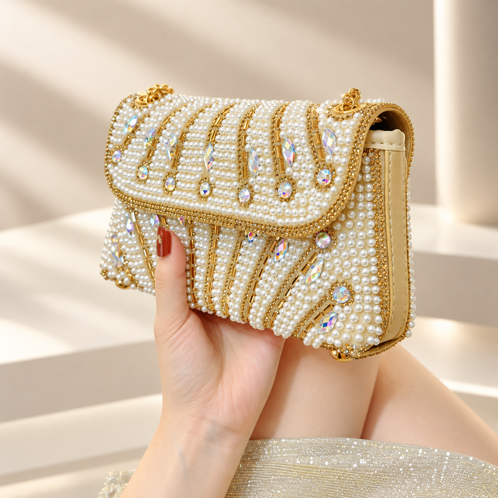 Vivienne Pearl & Crystal Embellished Evening Clutch Bag
