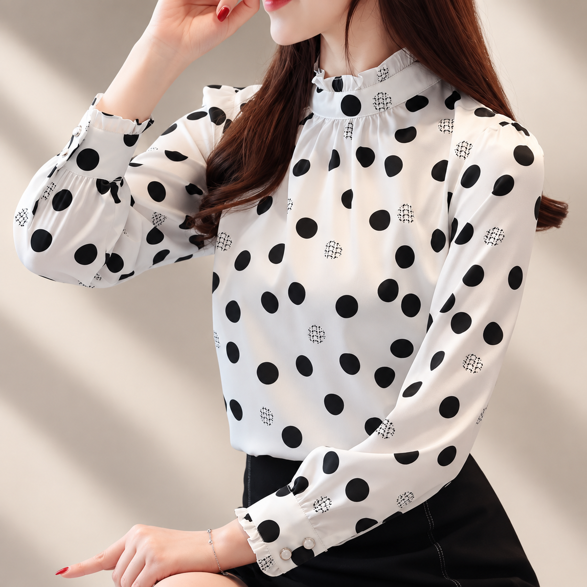 Colette Polka Dot Ruffle Neck Blouse – Black and White Long Sleeve Top
