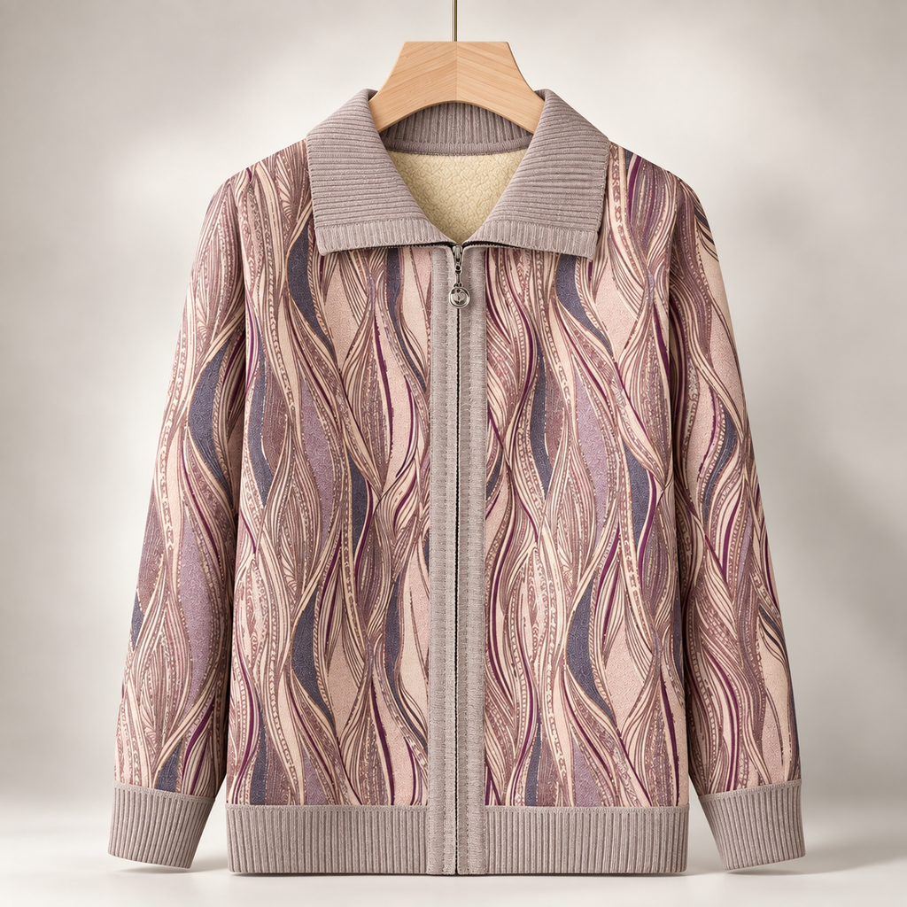 Delphine Women's Abstract Print Zip-Front Knit Jacket with Ribbed Collar