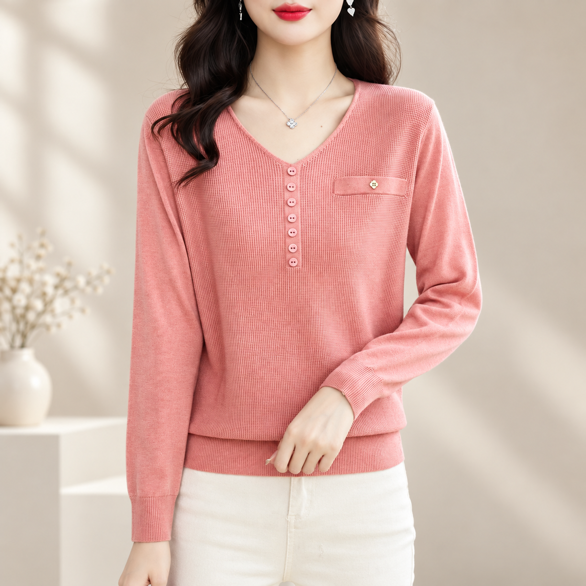 Marina Women’s V-Neck Button Detail Knit Sweater – Long Sleeve Pullover Top