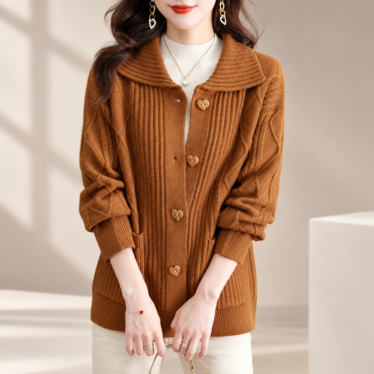 Beatrice Women’s Collared Knit Cardigan – Button Front Long Sleeve Sweater with Pockets