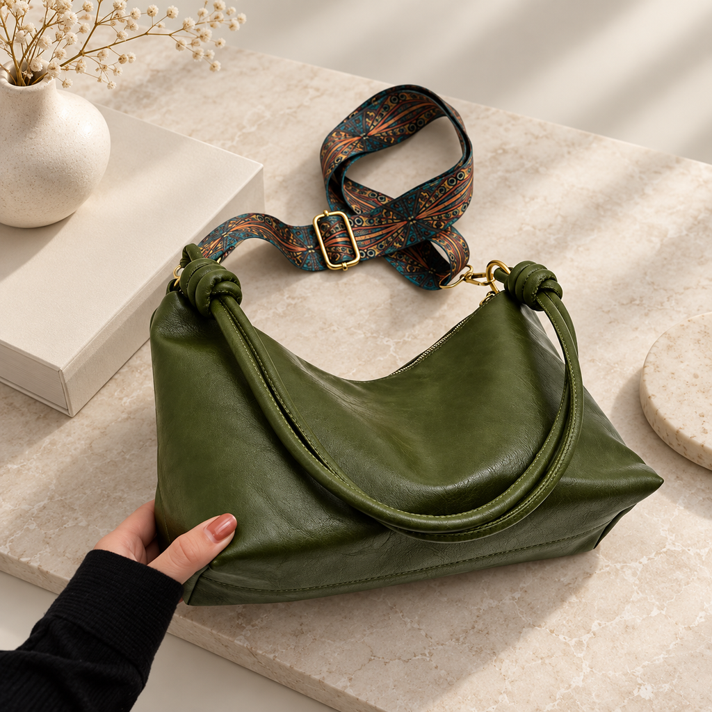 Rosalie Soft Hobo Shoulder Bag with Knotted Handles and Printed Strap