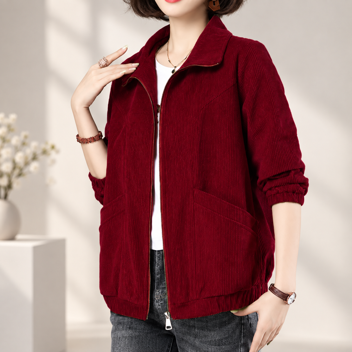 Bianca Women’s Textured Zip Front Jacket – Relaxed Fit Long Sleeve Casual Coat