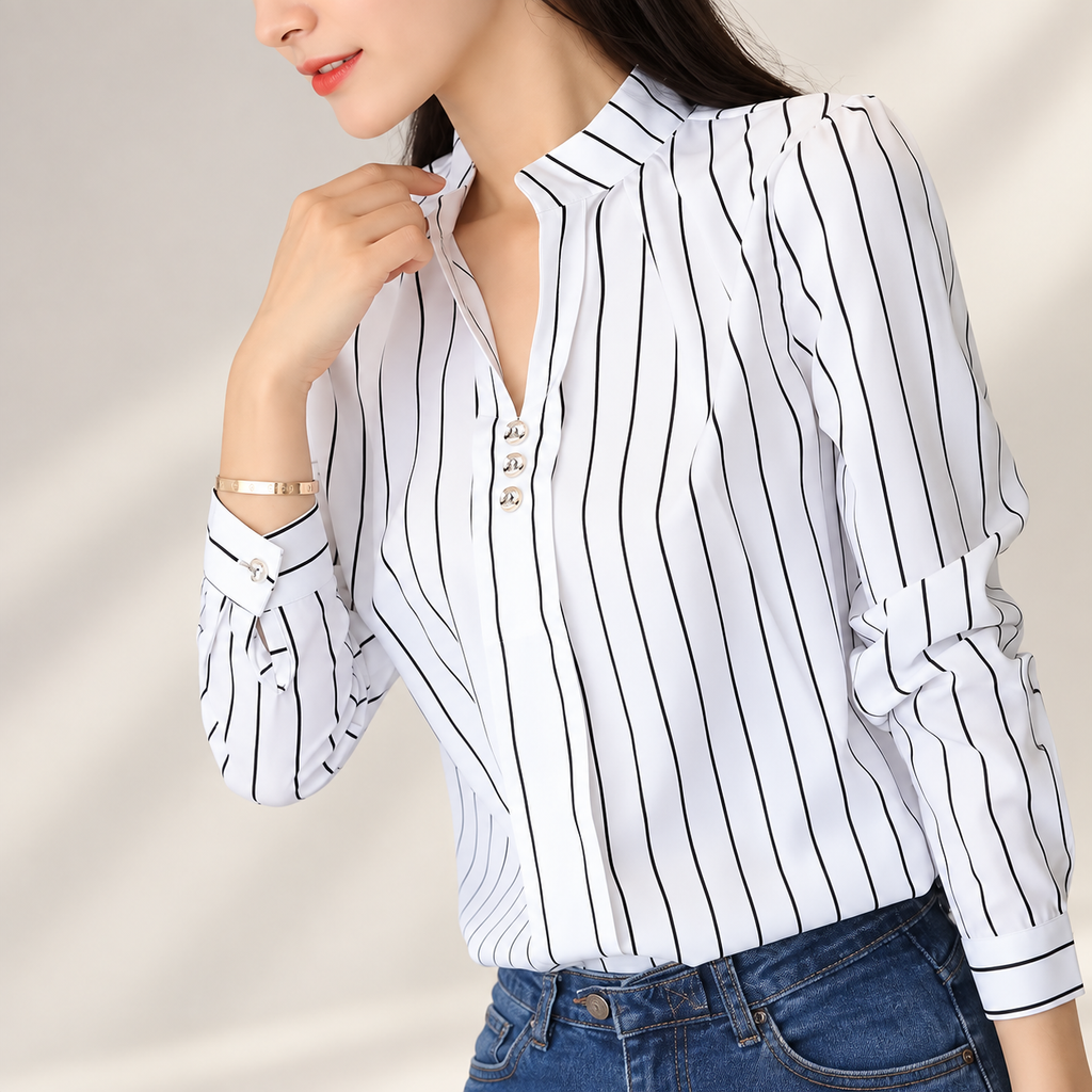 Marianne Women's Printed Split-Neck Long Sleeve Blouse with Button Detail