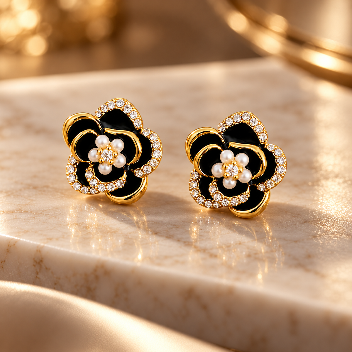 Celeste Women’s Floral Stud Earrings – Gold-Tone Black Enamel Crystal Flower Earrings