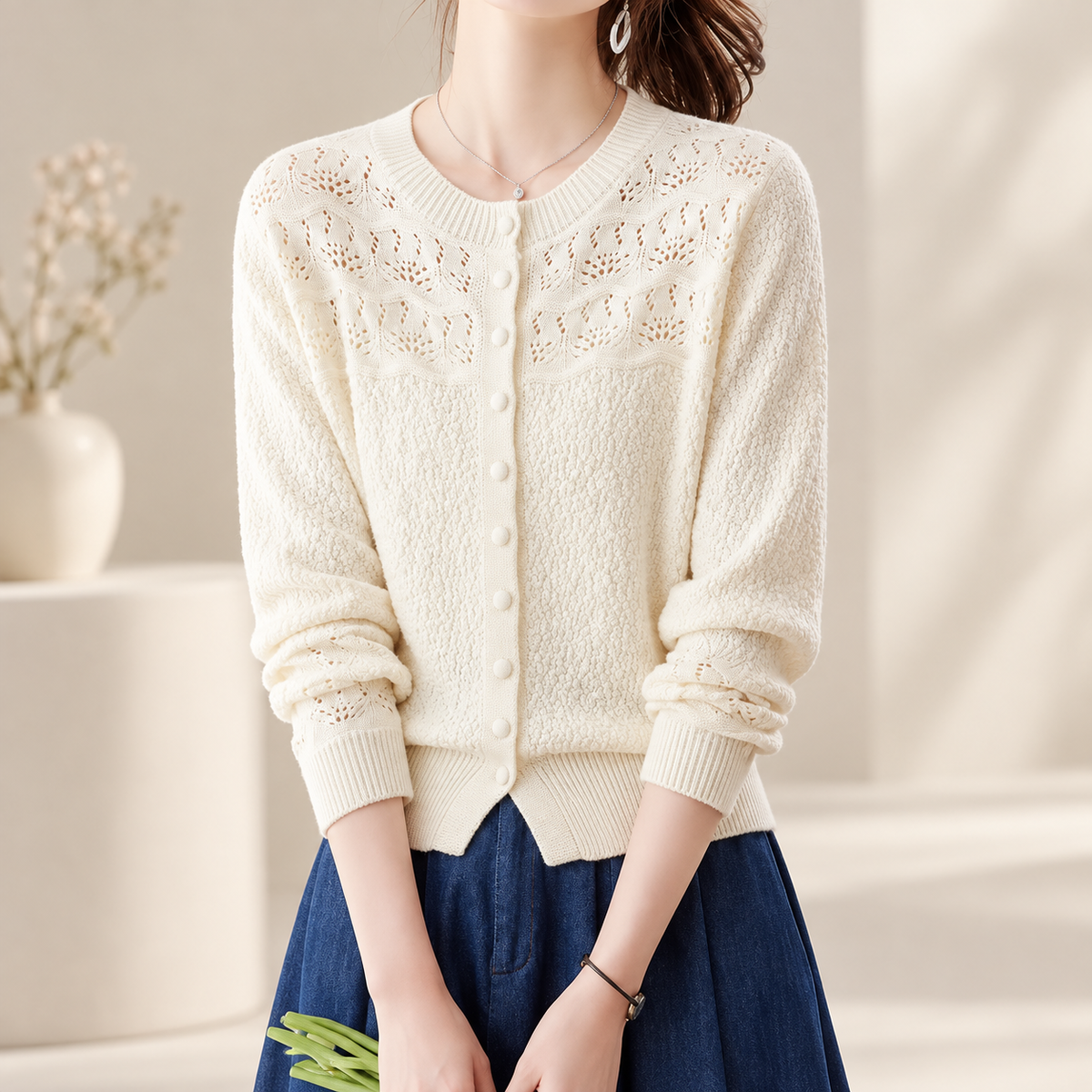 Colette Women's Textured Pointelle Knit Button-Front Cardigan