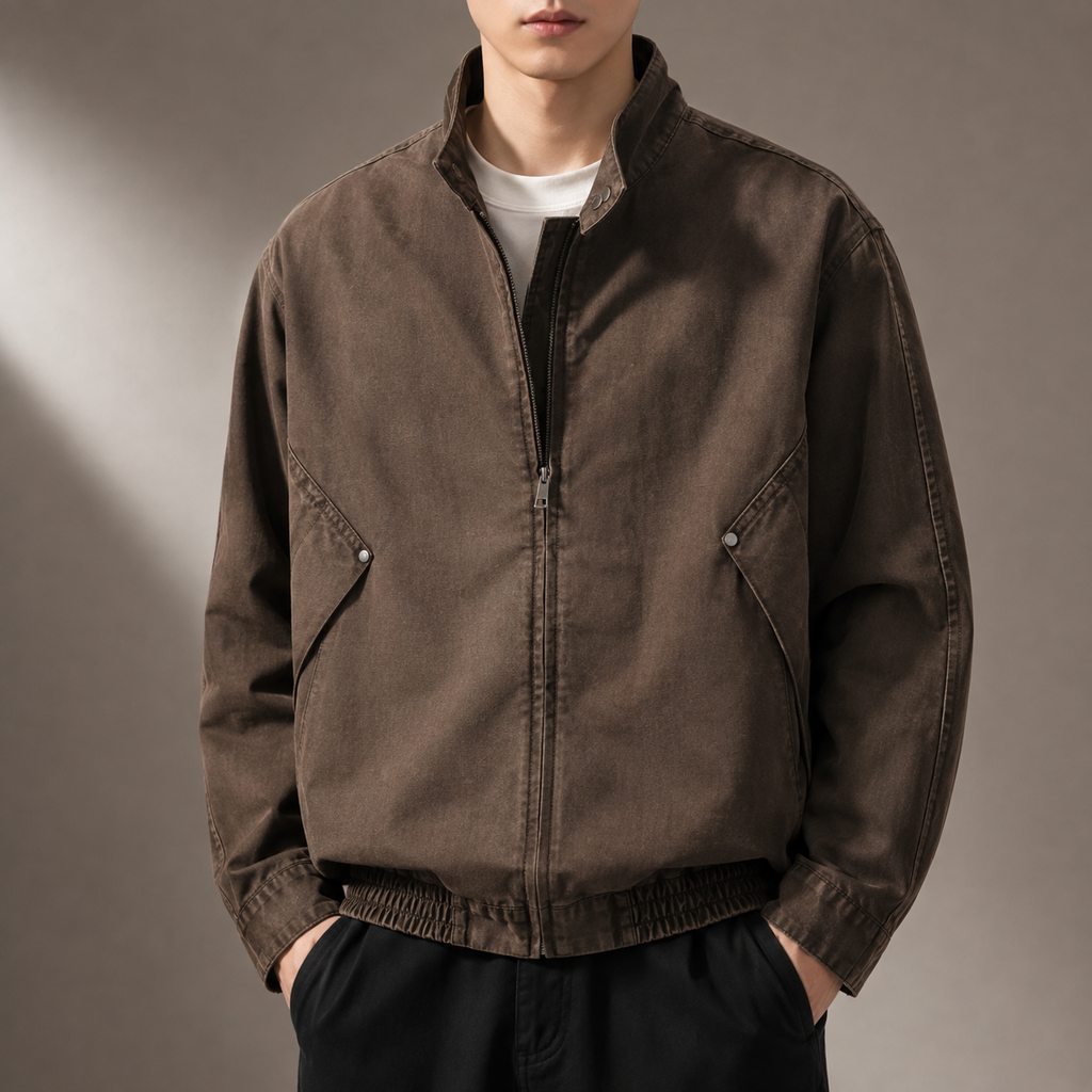 Sebastian Men’s Vintage Washed Cargo Jacket – Stand Collar Zip-Up Casual Utility Jacket