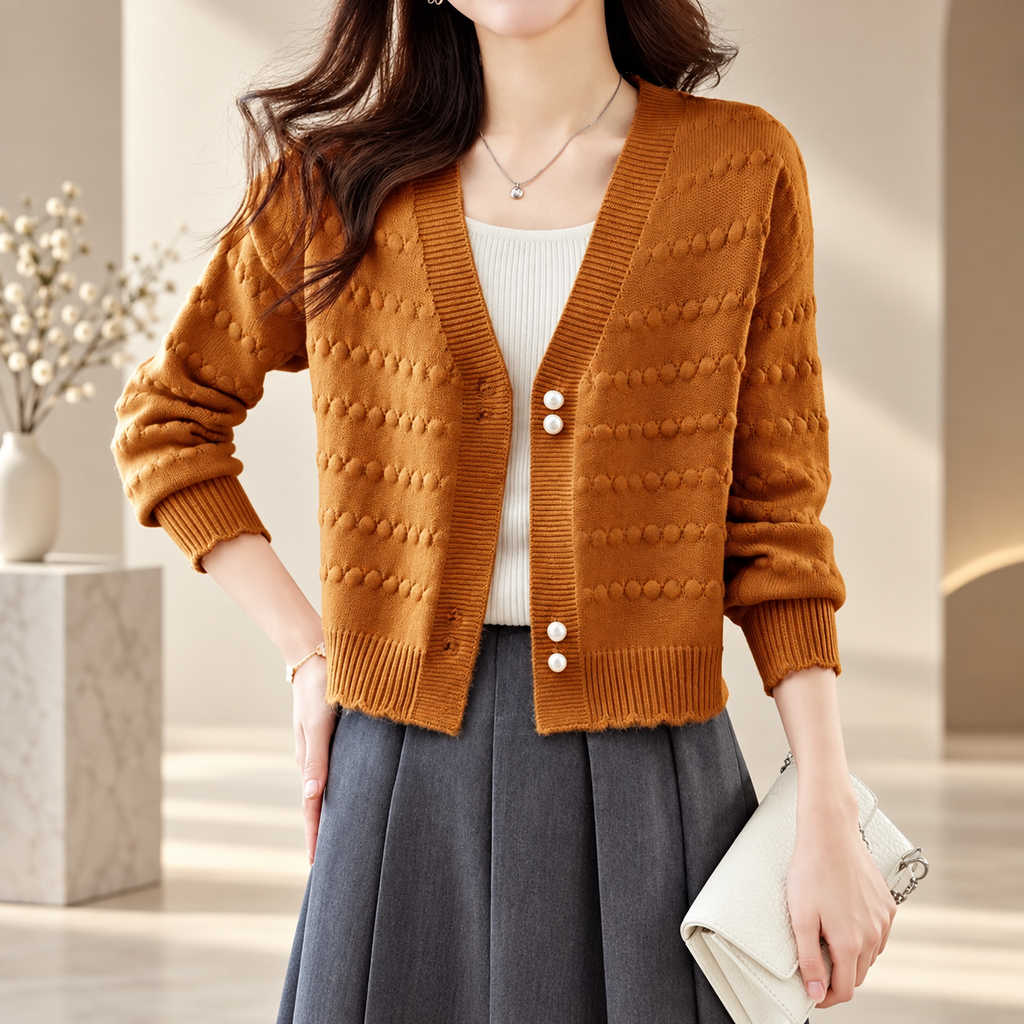 Serafina Women's Textured V-Neck Knit Cardigan with Pearl-Style Buttons