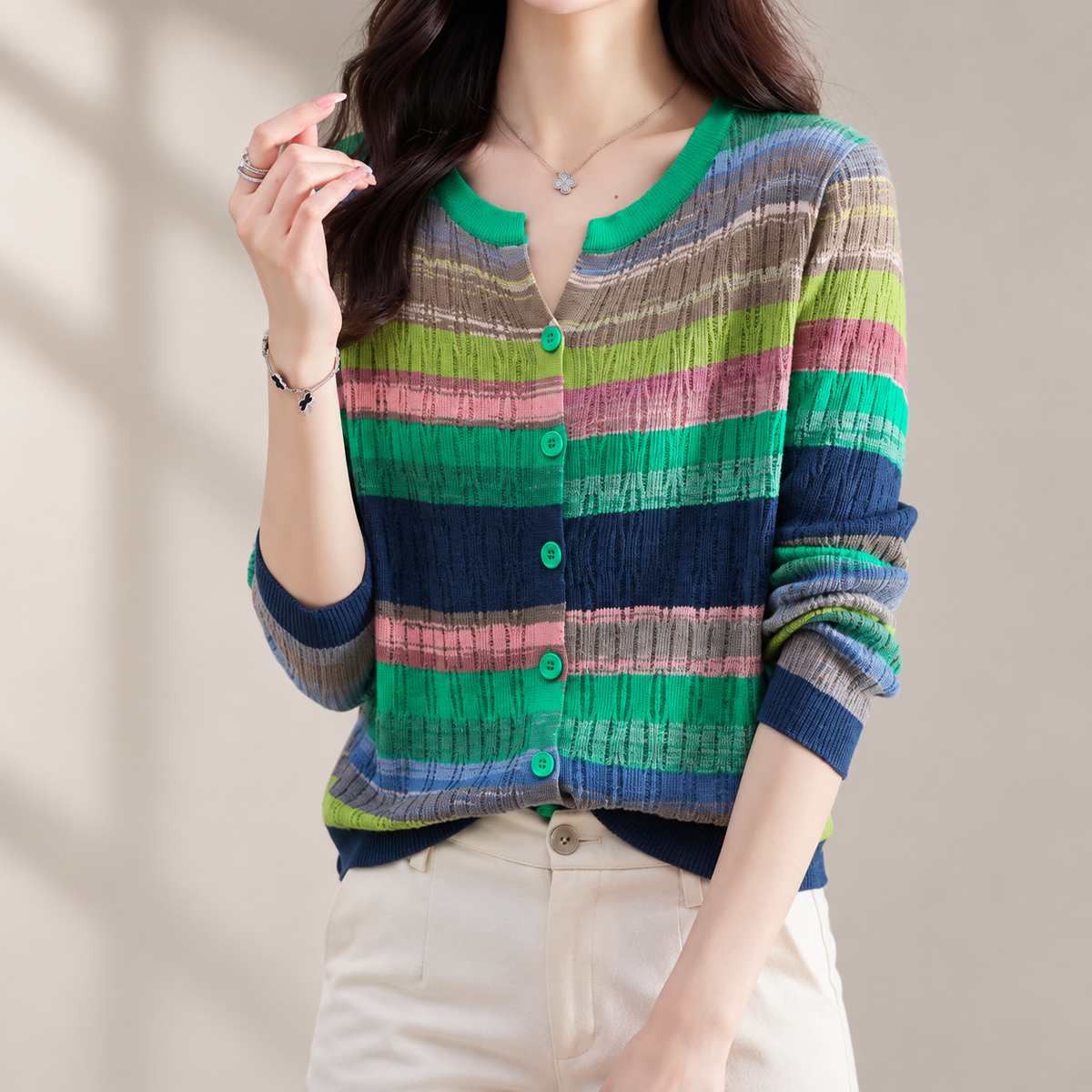 Evelina Women's Multicolor Striped Pointelle Knit Button-Front Cardigan