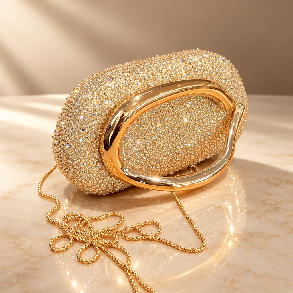 Genevieve Crystal Evening Clutch with Sculptural Metal Handle & Chain Strap