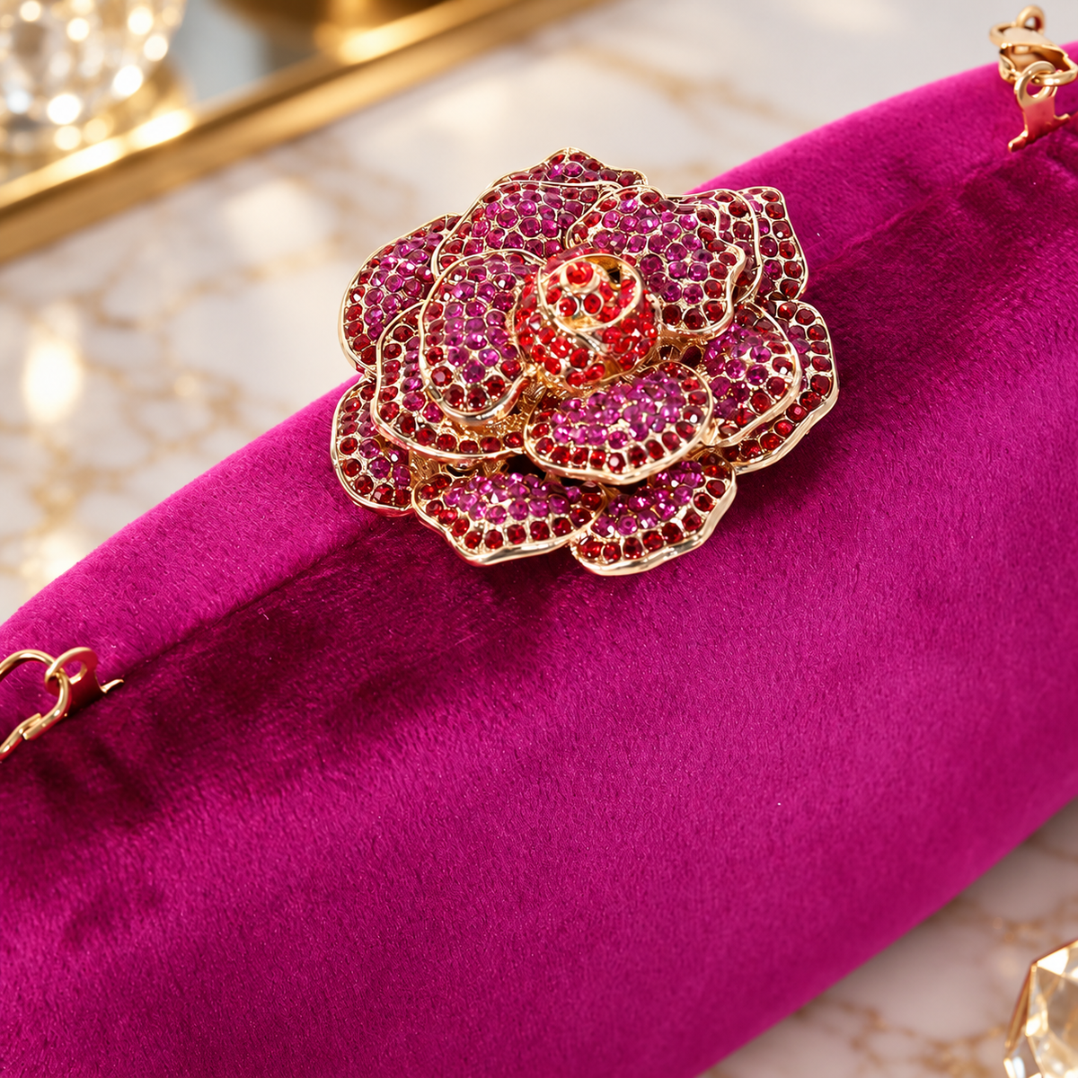 Camille Jeweled Rose Velvet Evening Clutch with Chain Strap