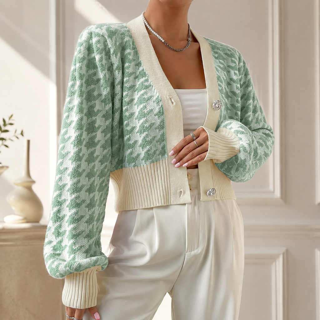 Amelia Women’s Patterned Knit Button Cardigan – Cropped Soft Knit Sweater