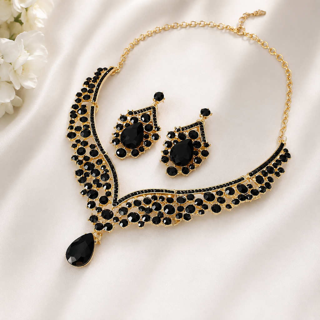 Delaney Black Crystal Statement Necklace and Earrings