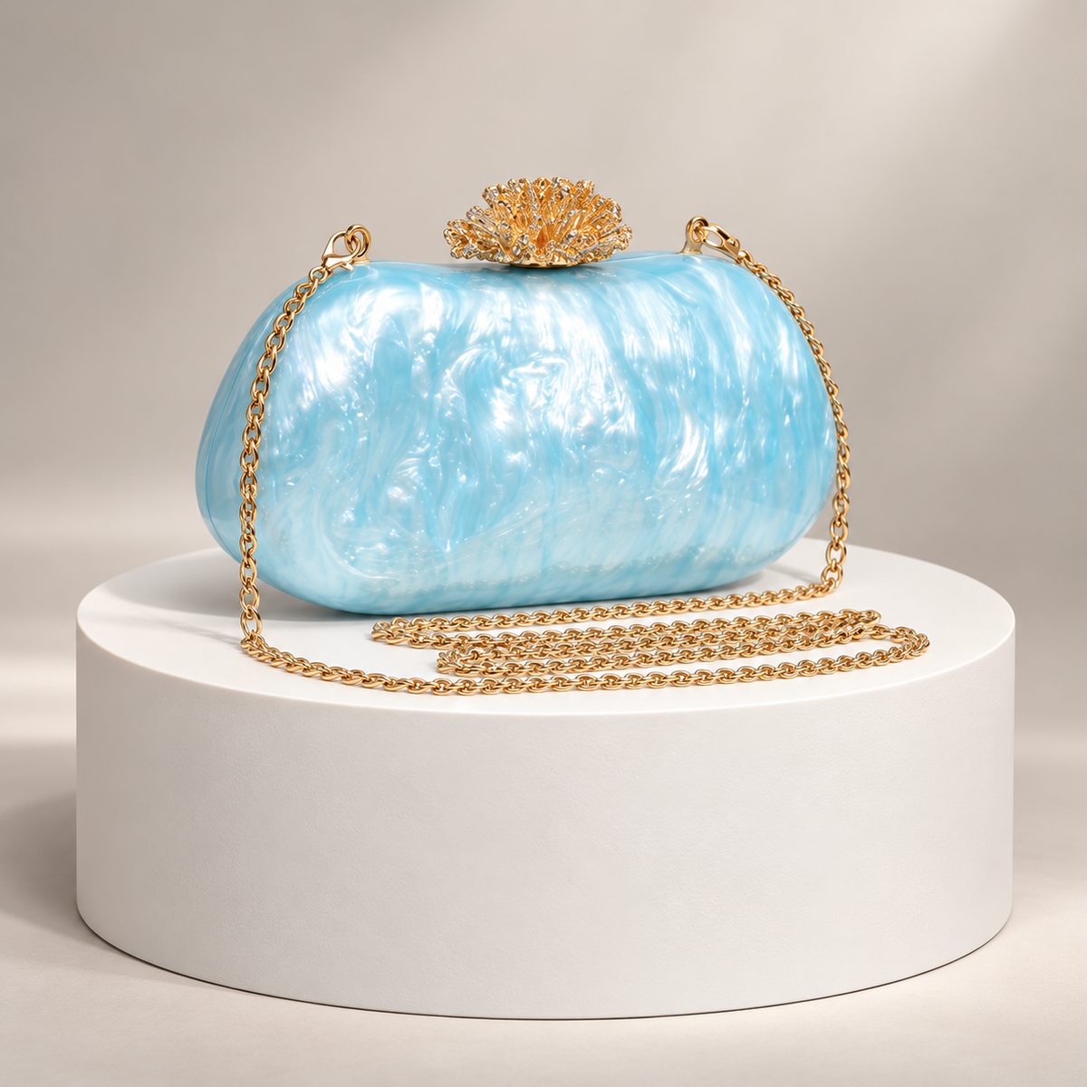 Alessia Pearl-Effect Evening Clutch with Gold Floral Clasp & Chain Strap