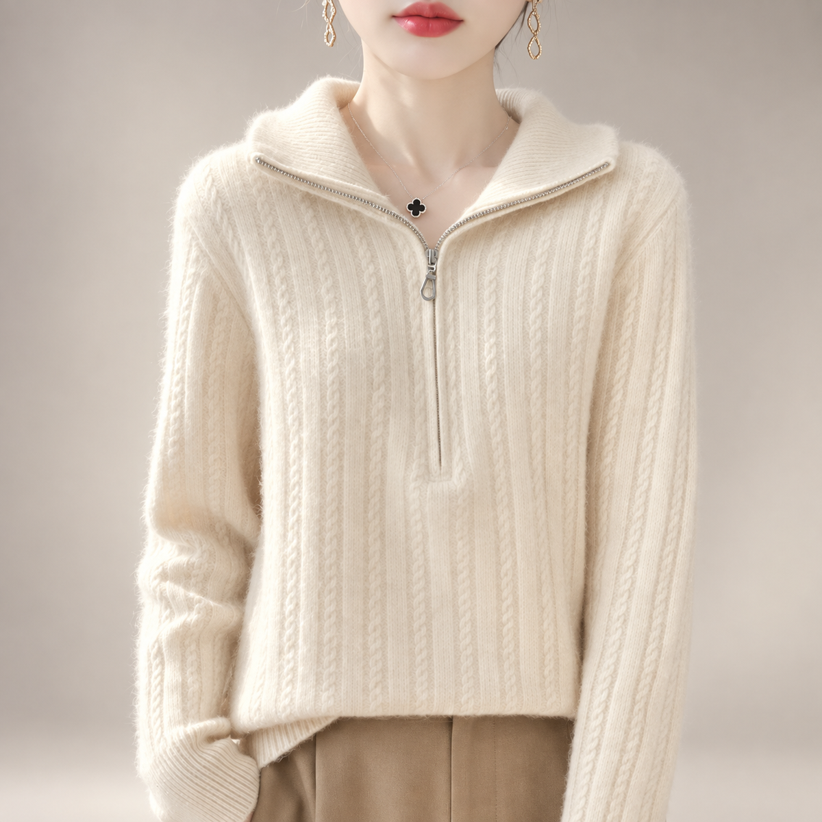 Lucienne Cable Knit Half-Zip Mock Neck Sweater