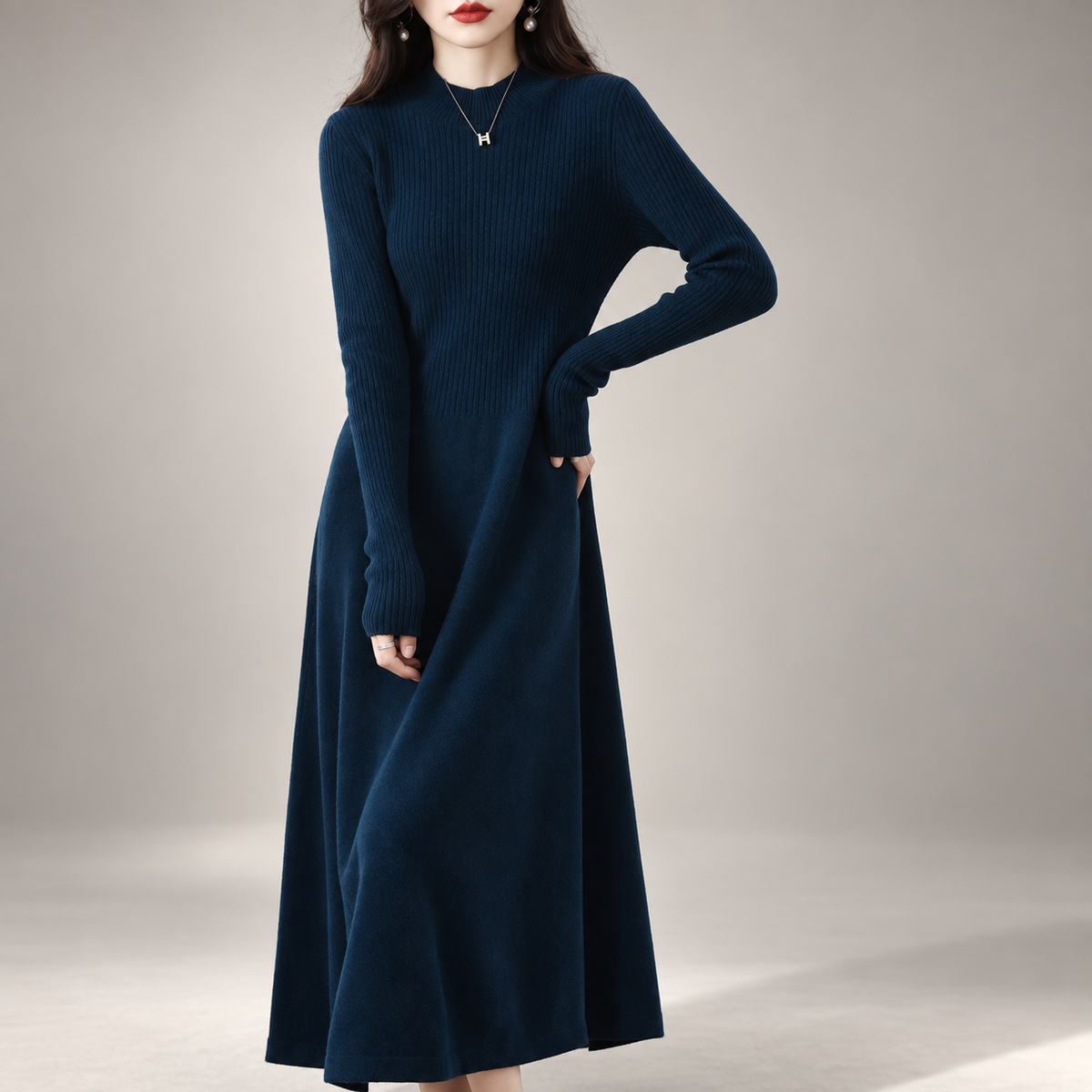 Helena Women's Mock Neck Ribbed Knit Midi Dress with Long Sleeves