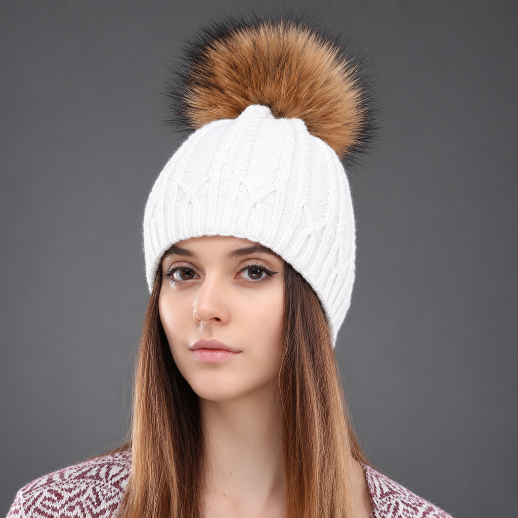 Valentina Women’s Cable Knit Pom-Pom Beanie – Braided Winter Hat with Fur-Look Pom