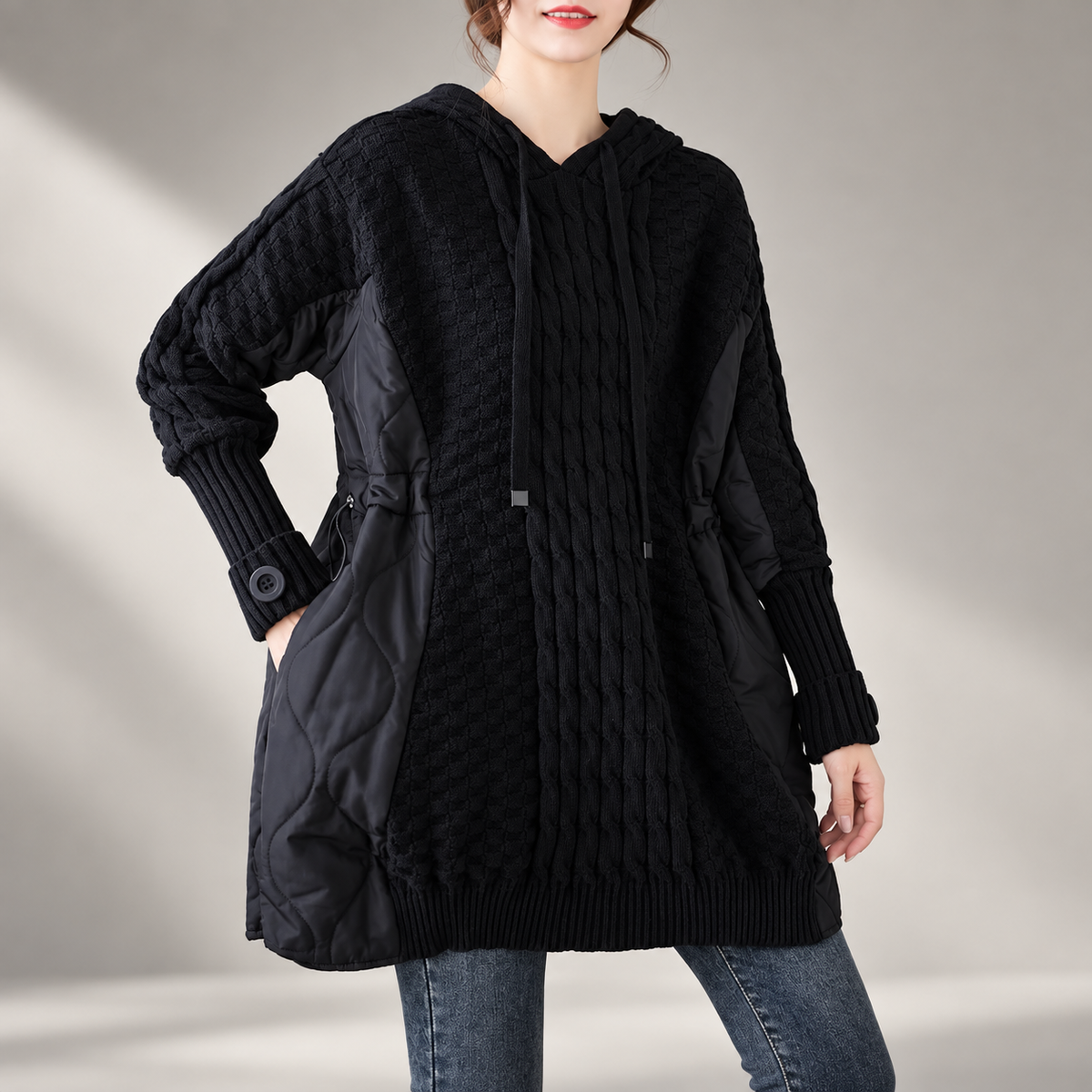 Bianca Women's Cable Knit Hooded Sweater Coat with Quilted Panels
