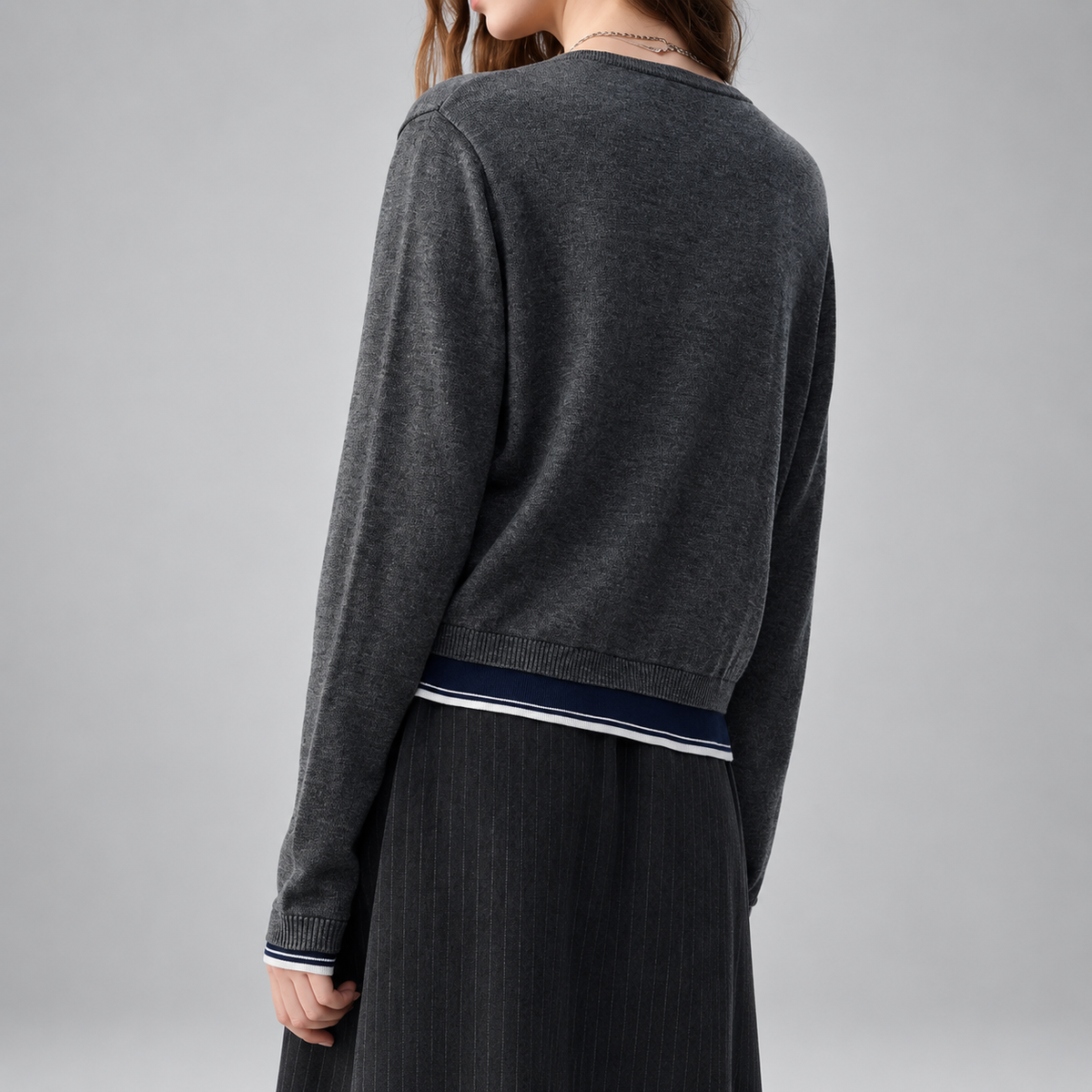 Margaret Check Trim Button Cardigan – Charcoal Gray Crew Neck Knit Sweater