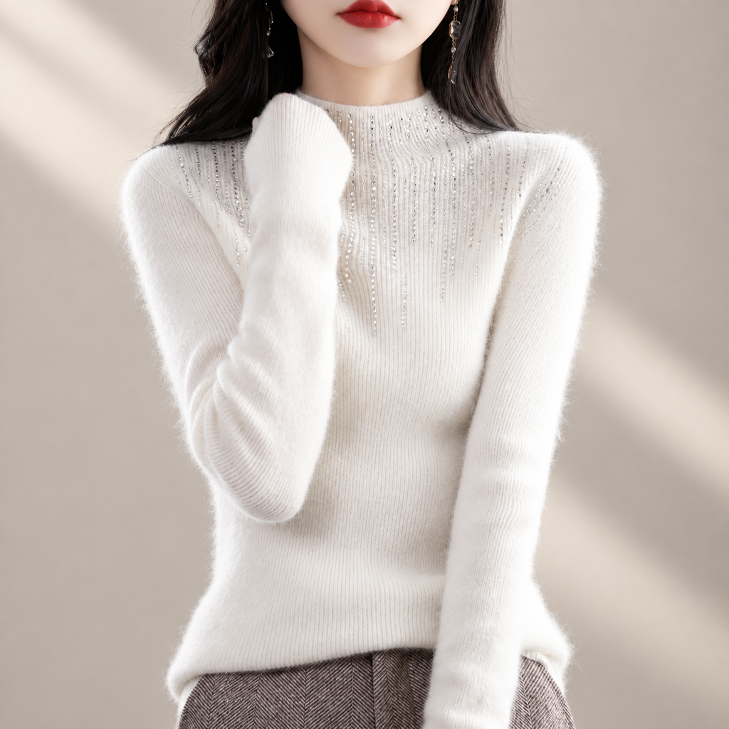 Valentina Women’s Mock Neck Rhinestone Knit Sweater – Long Sleeve Fitted Pullover