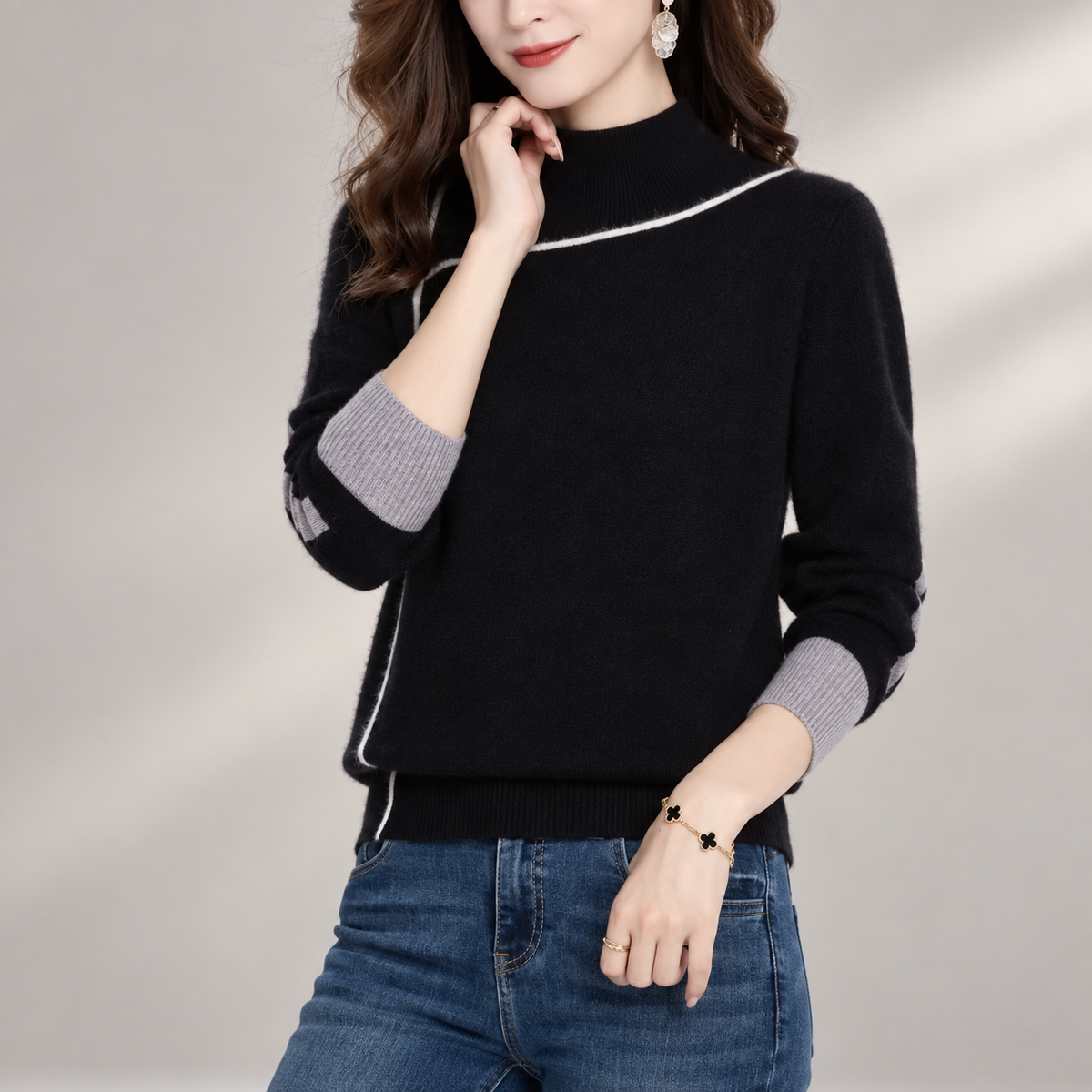 Rosalie Women's Contrast Trim Mock Neck Knit Sweater
