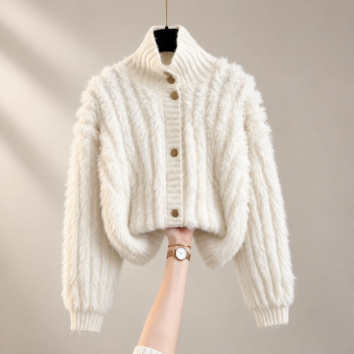 Elodie Women's Fuzzy Textured Knit Button-Front Cardigan with Stand Collar
