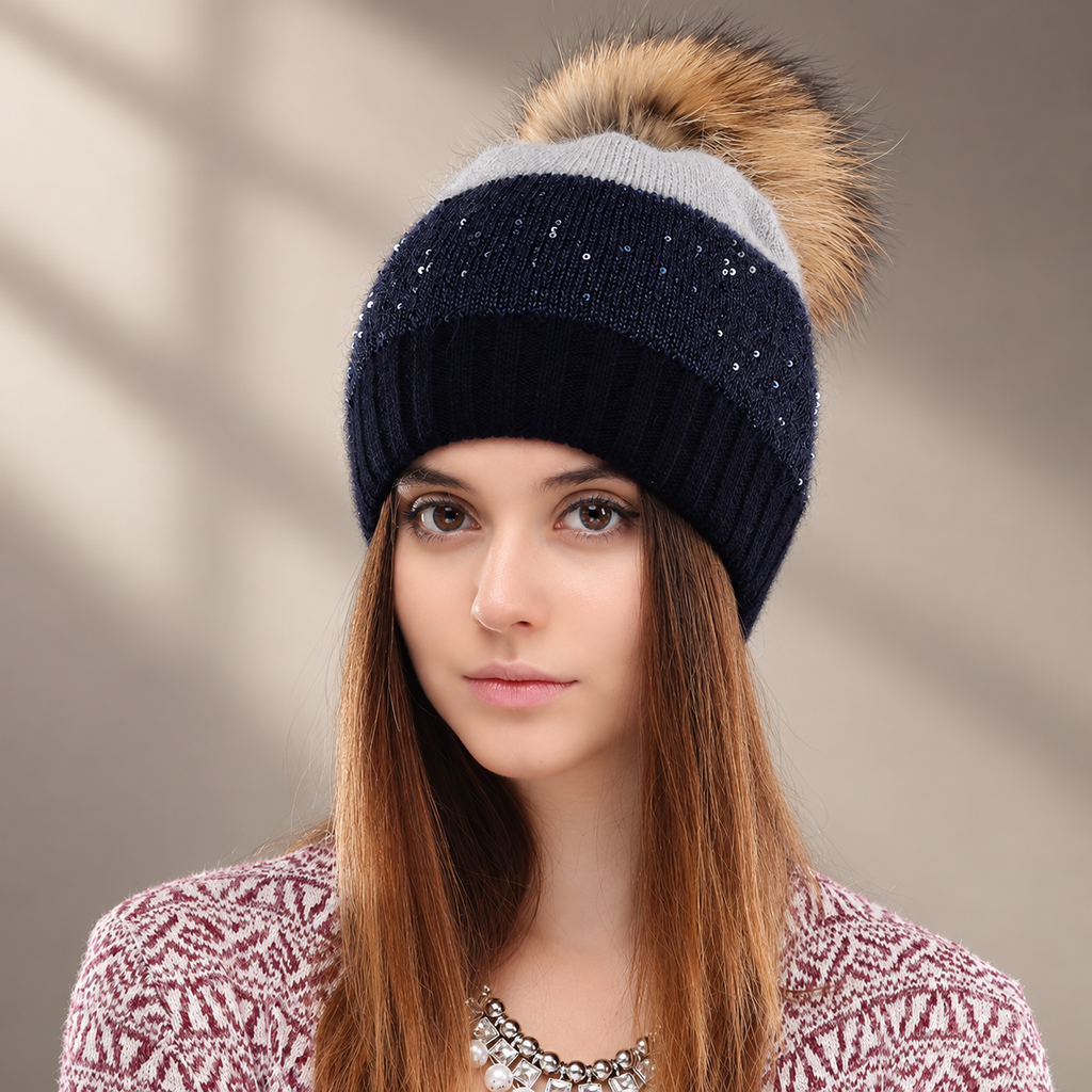 Genevieve Women’s Colorblock Knit Pom-Pom Beanie