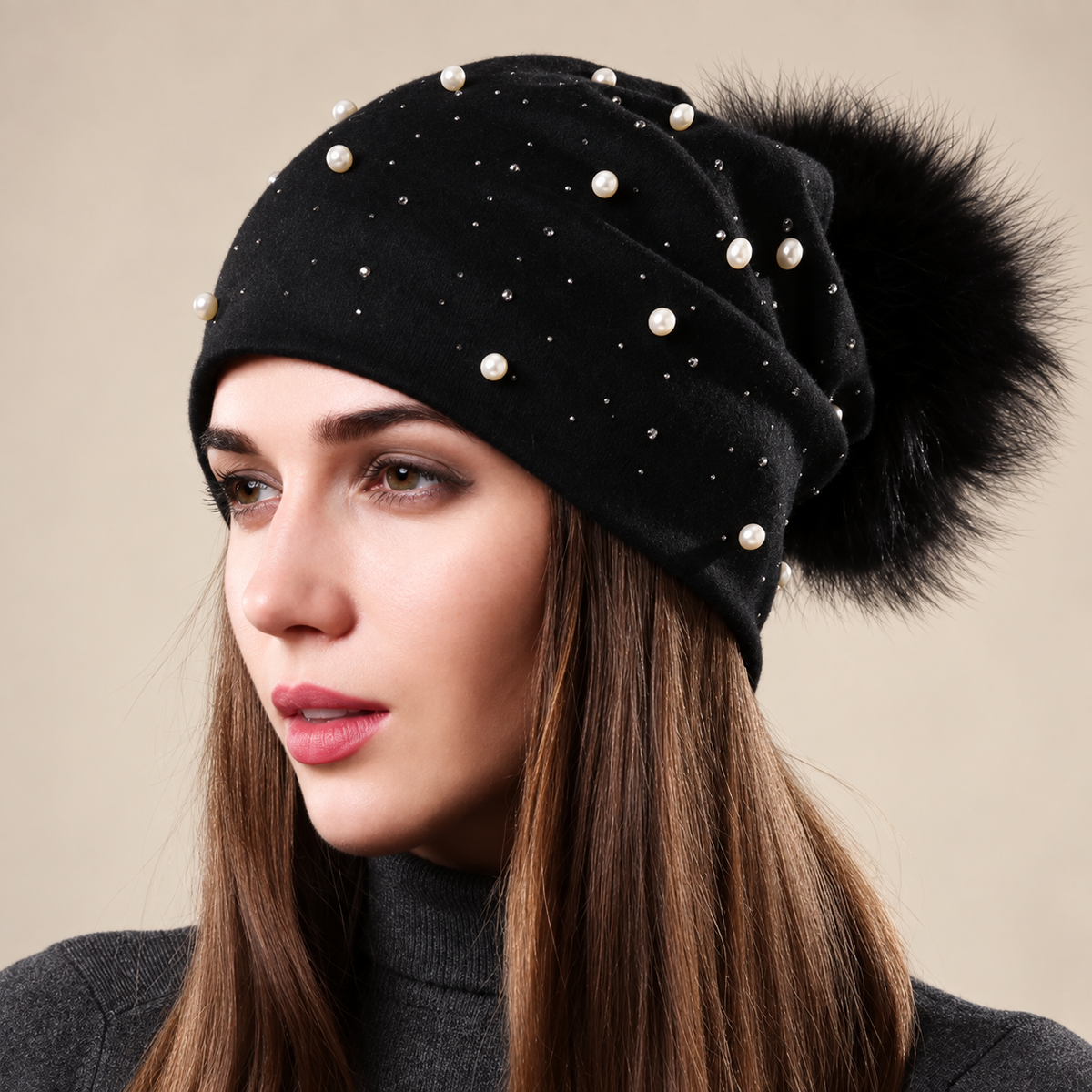 Vivienne Women’s Pearl Embellished Slouchy Pom-Pom Beanie