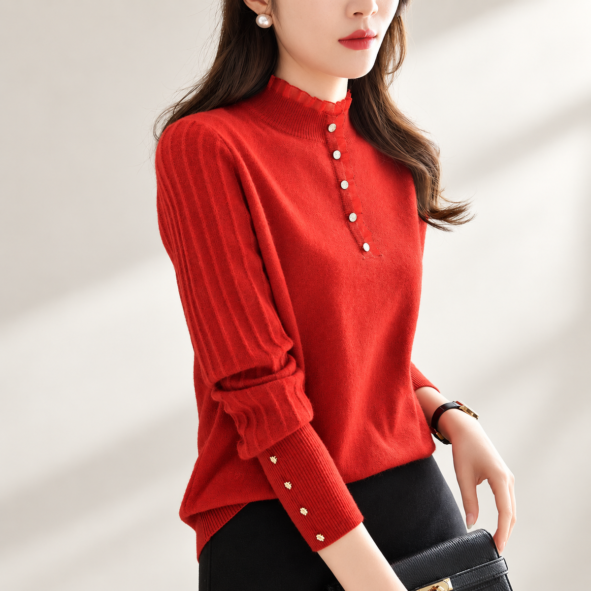Vivienne Women's Ruffle Mock Neck Knit Sweater with Button Placket