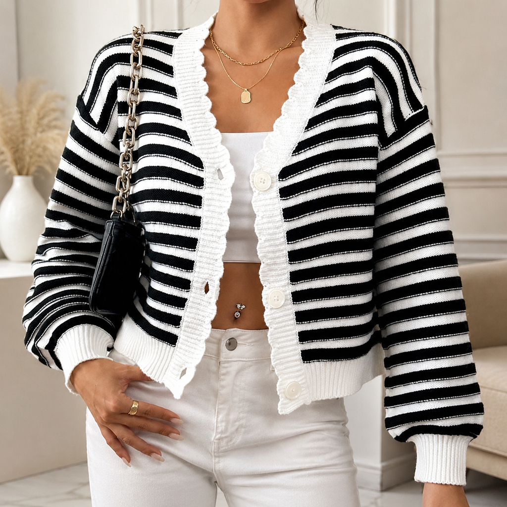 Colette Women’s Striped Cropped Knit Cardigan – Button-Front Sweater